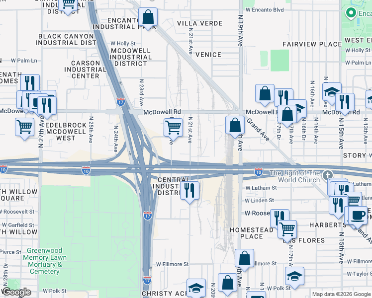 map of restaurants, bars, coffee shops, grocery stores, and more near 1333 North 21st Avenue in Phoenix