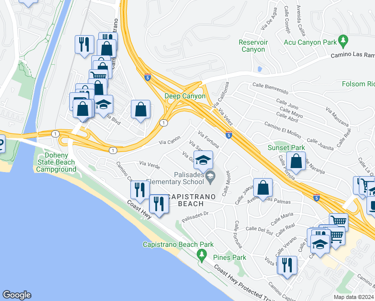 map of restaurants, bars, coffee shops, grocery stores, and more near 26372 Via California in Dana Point