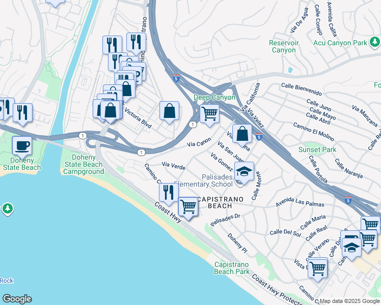 map of restaurants, bars, coffee shops, grocery stores, and more near 26246 Via Canon in Dana Point