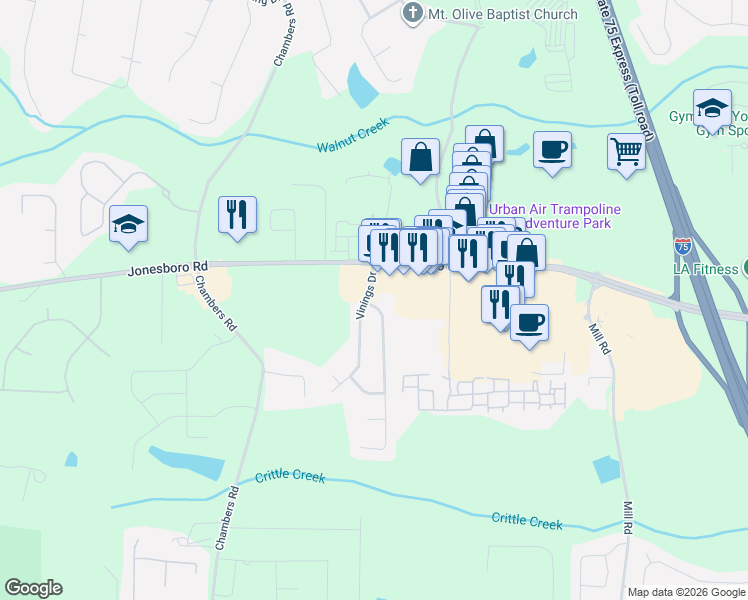 map of restaurants, bars, coffee shops, grocery stores, and more near 201 Grover Turner Way in McDonough