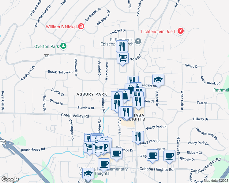 map of restaurants, bars, coffee shops, grocery stores, and more near 2110 Napoleon Court in Vestavia Hills
