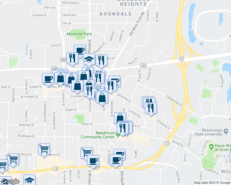 map of restaurants, bars, coffee shops, grocery stores, and more near 98 Hartness Street in Starkville
