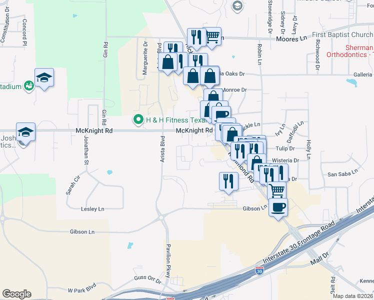 map of restaurants, bars, coffee shops, grocery stores, and more near Richmond Place in Texarkana