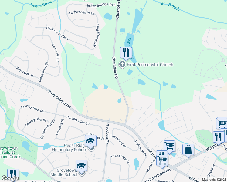 map of restaurants, bars, coffee shops, grocery stores, and more near 731 Chamblin Road in Grovetown