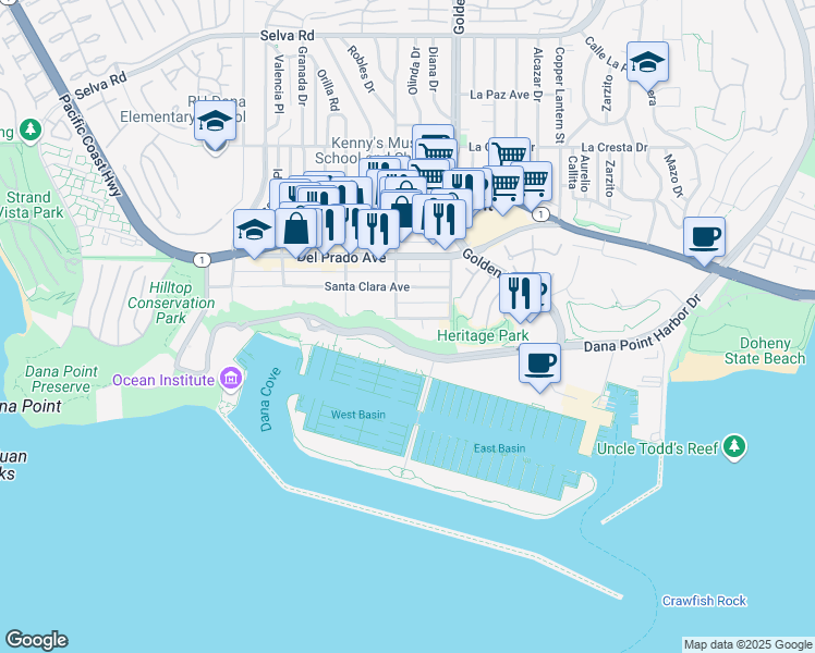 map of restaurants, bars, coffee shops, grocery stores, and more near 24622 El Camino Capistrano in Dana Point