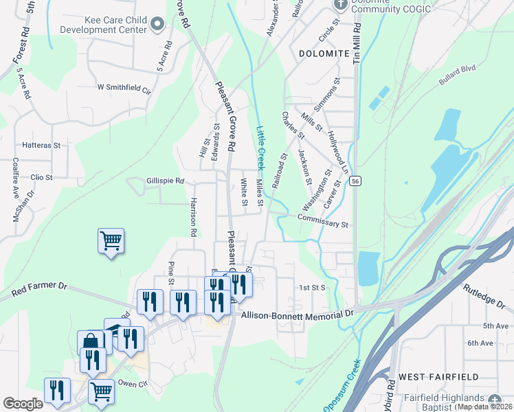 map of restaurants, bars, coffee shops, grocery stores, and more near 1554 White Street in Birmingham