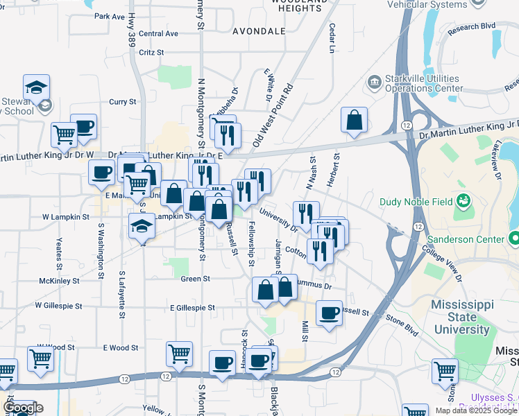 map of restaurants, bars, coffee shops, grocery stores, and more near 513 University Drive in Starkville