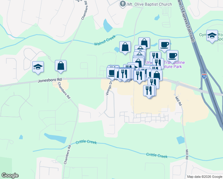 map of restaurants, bars, coffee shops, grocery stores, and more near 201 Grover Turner Way in McDonough