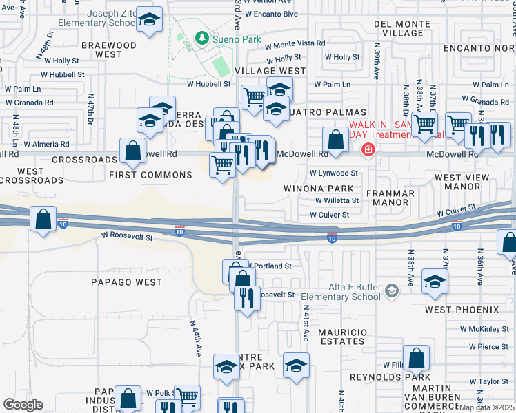 map of restaurants, bars, coffee shops, grocery stores, and more near 4238 West Culver Street in Phoenix