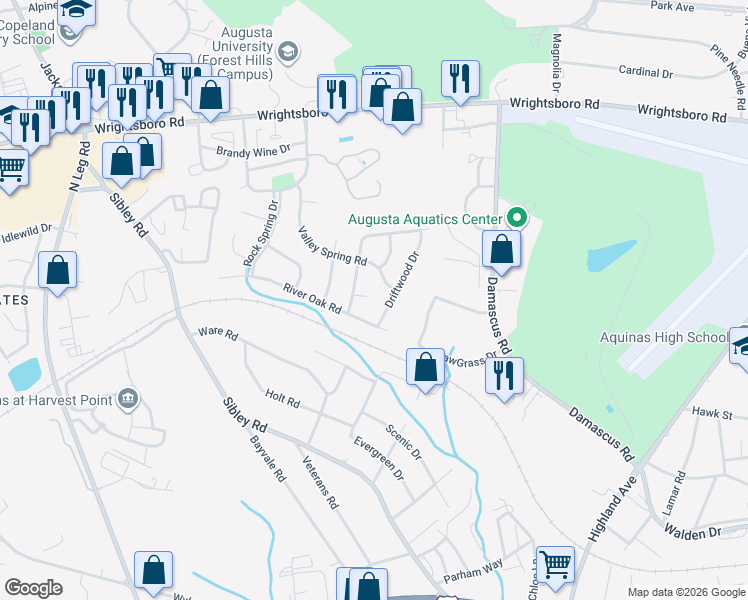 map of restaurants, bars, coffee shops, grocery stores, and more near 3030 Biscayne Court in Augusta