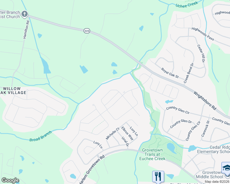 map of restaurants, bars, coffee shops, grocery stores, and more near 5518 Wrightsboro Road in Grovetown