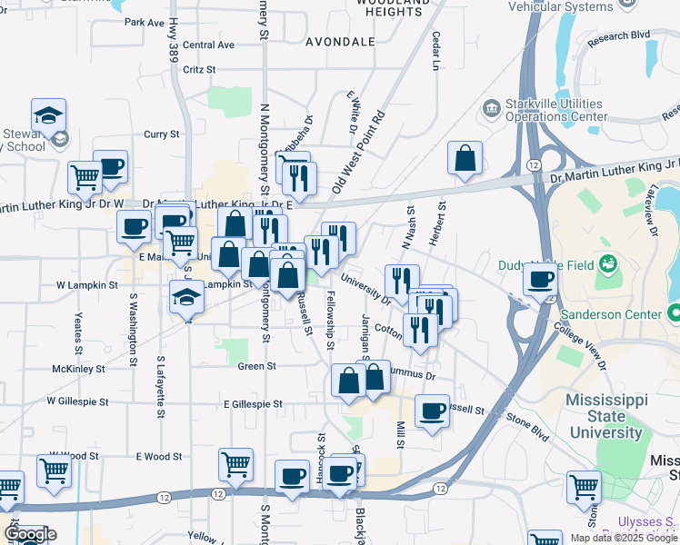map of restaurants, bars, coffee shops, grocery stores, and more near 98 Hartness Street in Starkville