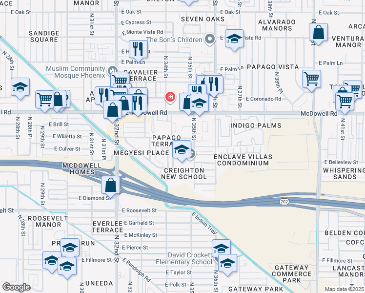 map of restaurants, bars, coffee shops, grocery stores, and more near 1412 North 35th Street in Phoenix