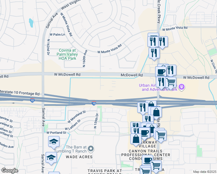 map of restaurants, bars, coffee shops, grocery stores, and more near 1499 North 159th Avenue in Goodyear