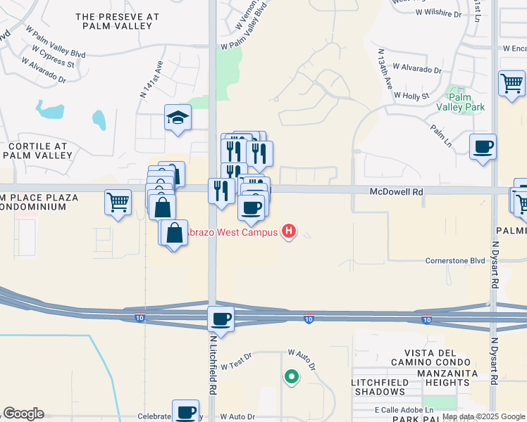 map of restaurants, bars, coffee shops, grocery stores, and more near 1515 North Litchfield Road in Goodyear