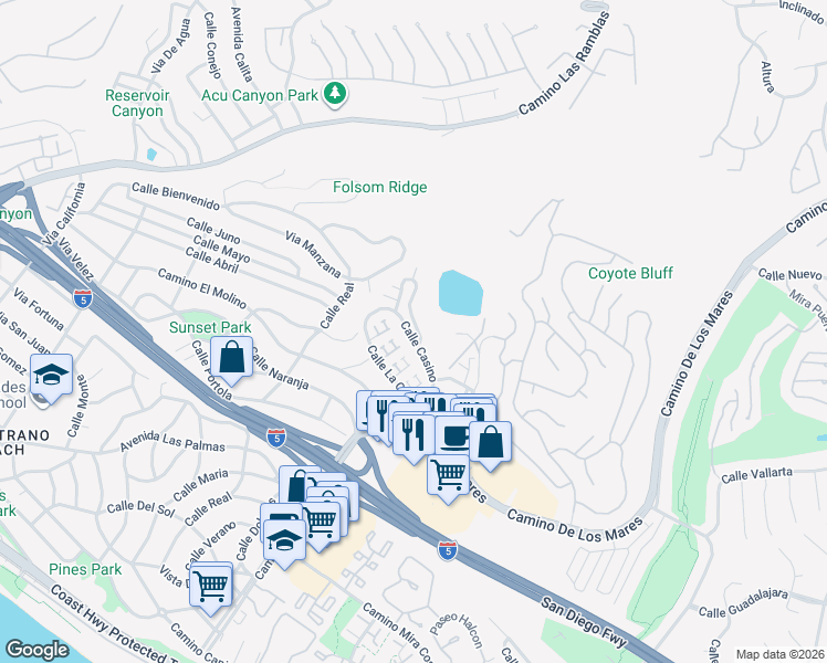 map of restaurants, bars, coffee shops, grocery stores, and more near 3736 Calle Casino in San Clemente