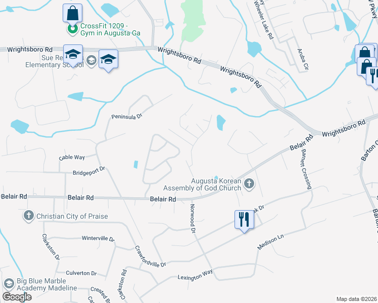 map of restaurants, bars, coffee shops, grocery stores, and more near 2921 Aylesbury Drive in Augusta