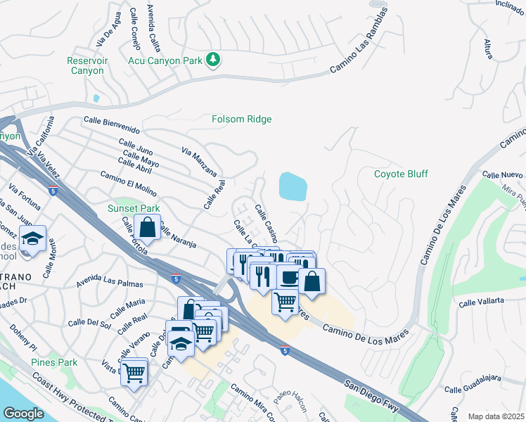 map of restaurants, bars, coffee shops, grocery stores, and more near 3736 Calle Casino in San Clemente