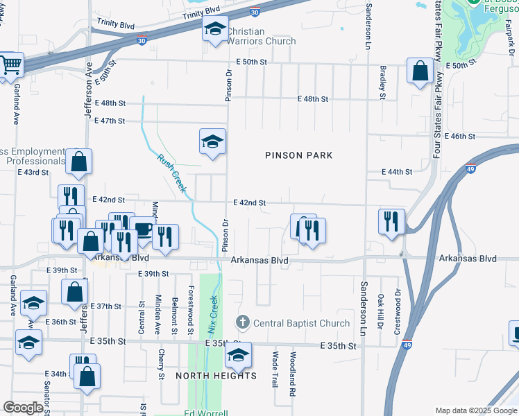 map of restaurants, bars, coffee shops, grocery stores, and more near 2308 Red Branch Drive in Texarkana