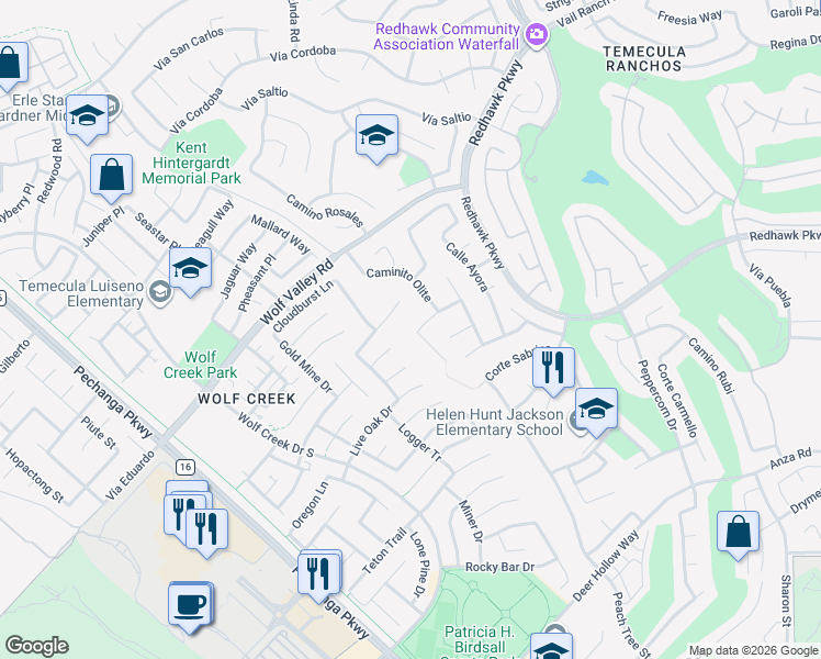 map of restaurants, bars, coffee shops, grocery stores, and more near 32120 Paseo San Esteban in Temecula