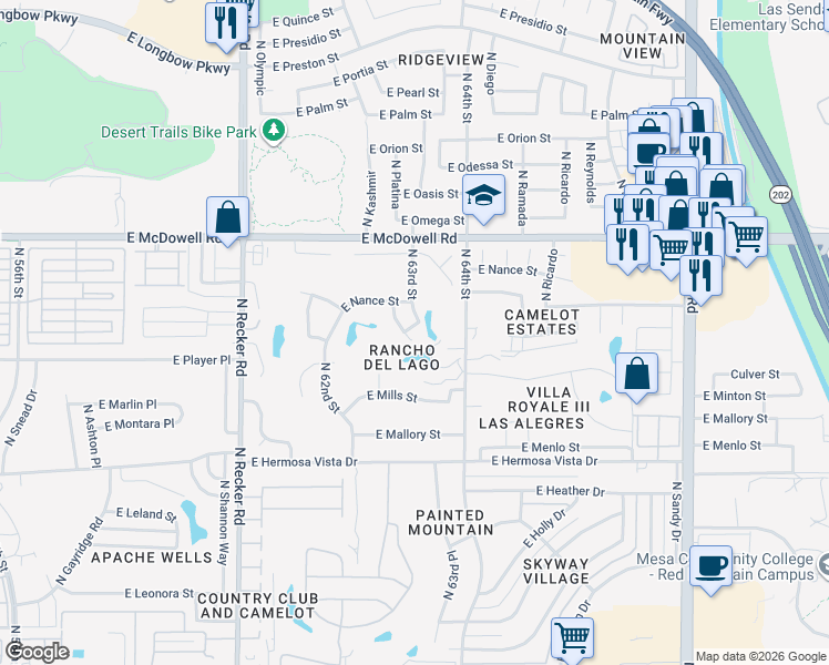 map of restaurants, bars, coffee shops, grocery stores, and more near 2617 North Platina Circle in Mesa