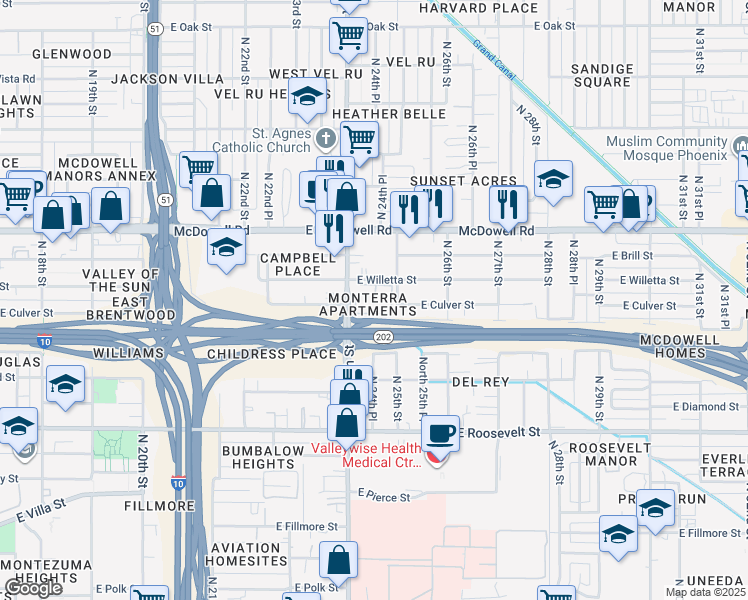 map of restaurants, bars, coffee shops, grocery stores, and more near 1333 North 24th Street in Phoenix