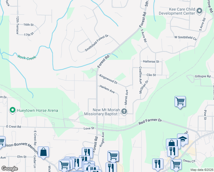 map of restaurants, bars, coffee shops, grocery stores, and more near 557 Harlem Avenue in Hueytown