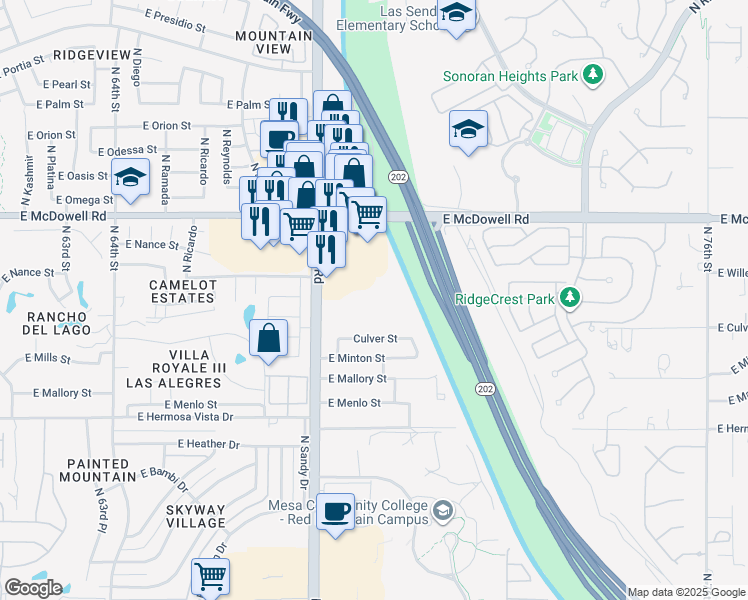 map of restaurants, bars, coffee shops, grocery stores, and more near 2639 North Power Road in Mesa