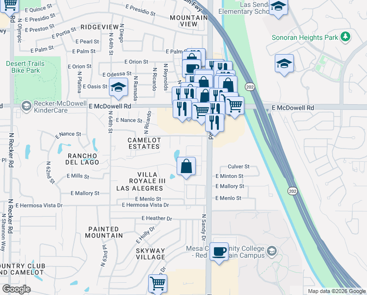 map of restaurants, bars, coffee shops, grocery stores, and more near 2634 North Sericin Circle in Mesa