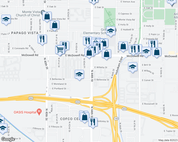 map of restaurants, bars, coffee shops, grocery stores, and more near 1421 North 44th Street in Phoenix