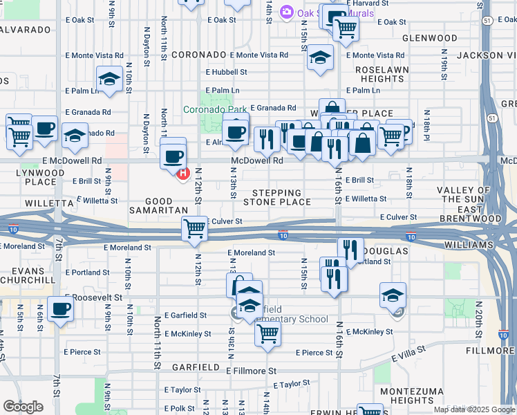map of restaurants, bars, coffee shops, grocery stores, and more near in Phoenix