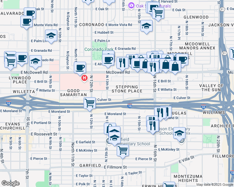 map of restaurants, bars, coffee shops, grocery stores, and more near in Phoenix