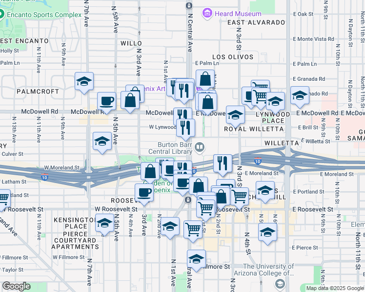 map of restaurants, bars, coffee shops, grocery stores, and more near 1326 North Central Avenue in Phoenix