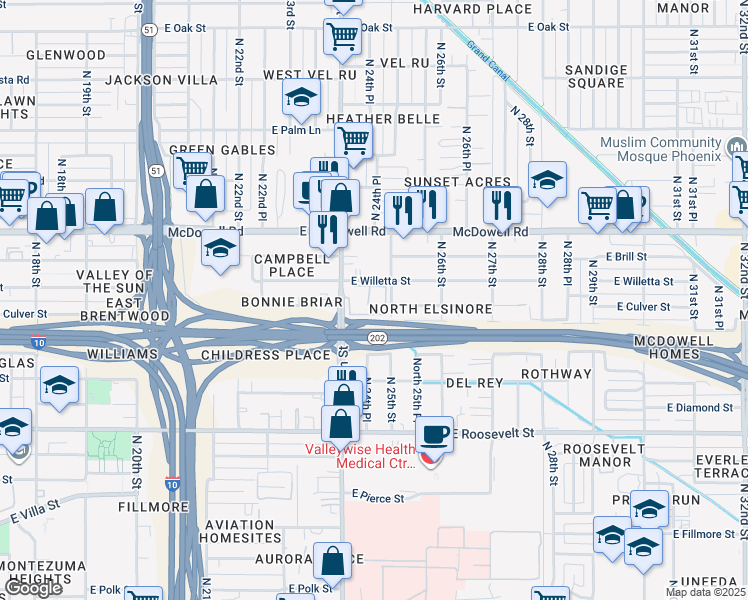 map of restaurants, bars, coffee shops, grocery stores, and more near 1333 North 24th Street in Phoenix