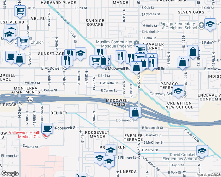 map of restaurants, bars, coffee shops, grocery stores, and more near 3002 East Culver Street in Phoenix