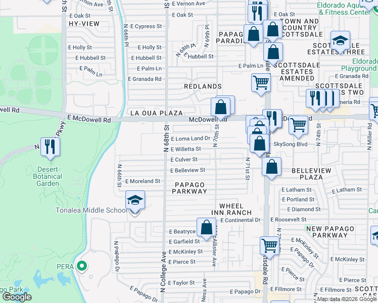 map of restaurants, bars, coffee shops, grocery stores, and more near 6901 East Willetta Street in Scottsdale