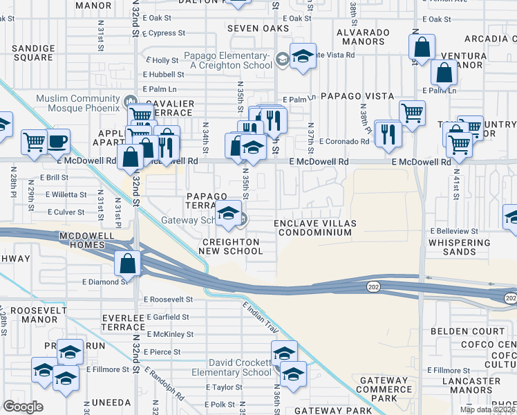 map of restaurants, bars, coffee shops, grocery stores, and more near 1234 North 36th Street in Phoenix