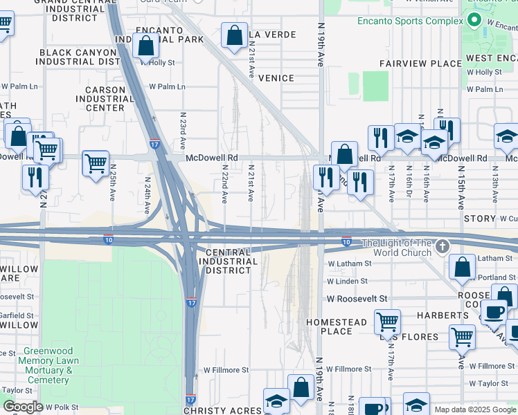 map of restaurants, bars, coffee shops, grocery stores, and more near 1333 North 21st Avenue in Phoenix