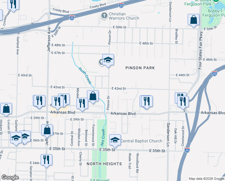 map of restaurants, bars, coffee shops, grocery stores, and more near 2202 East 42nd Street in Texarkana