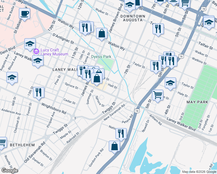 map of restaurants, bars, coffee shops, grocery stores, and more near 724 Hall Street in Augusta