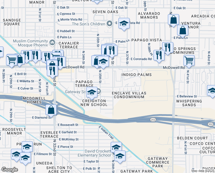map of restaurants, bars, coffee shops, grocery stores, and more near 1234 North 36th Street in Phoenix