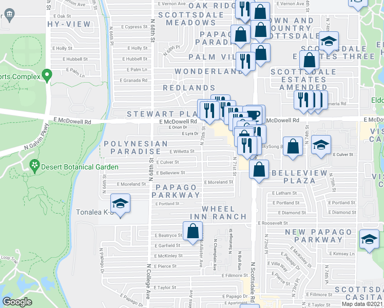 map of restaurants, bars, coffee shops, grocery stores, and more near 6937 East Willetta Street in Scottsdale