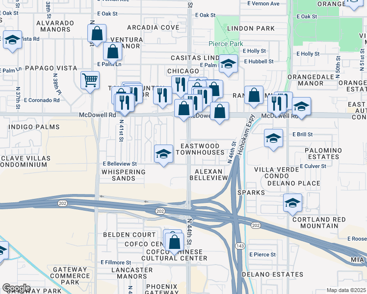 map of restaurants, bars, coffee shops, grocery stores, and more near 1421 North 44th Street in Phoenix