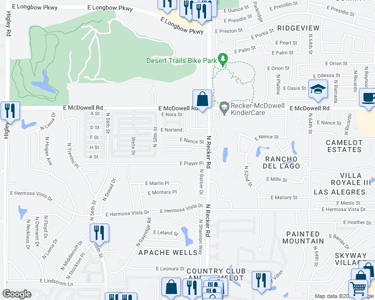 map of restaurants, bars, coffee shops, grocery stores, and more near 5926 East Norwood Street in Mesa