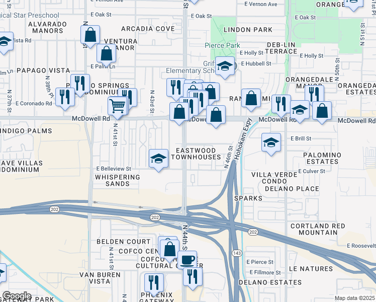 map of restaurants, bars, coffee shops, grocery stores, and more near 1421 North 44th Street in Phoenix