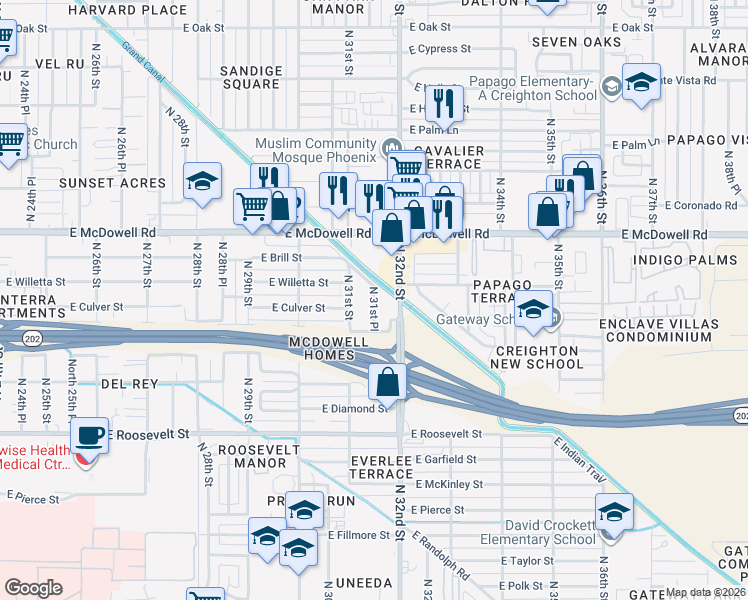 map of restaurants, bars, coffee shops, grocery stores, and more near 1411 North 31st Place in Phoenix