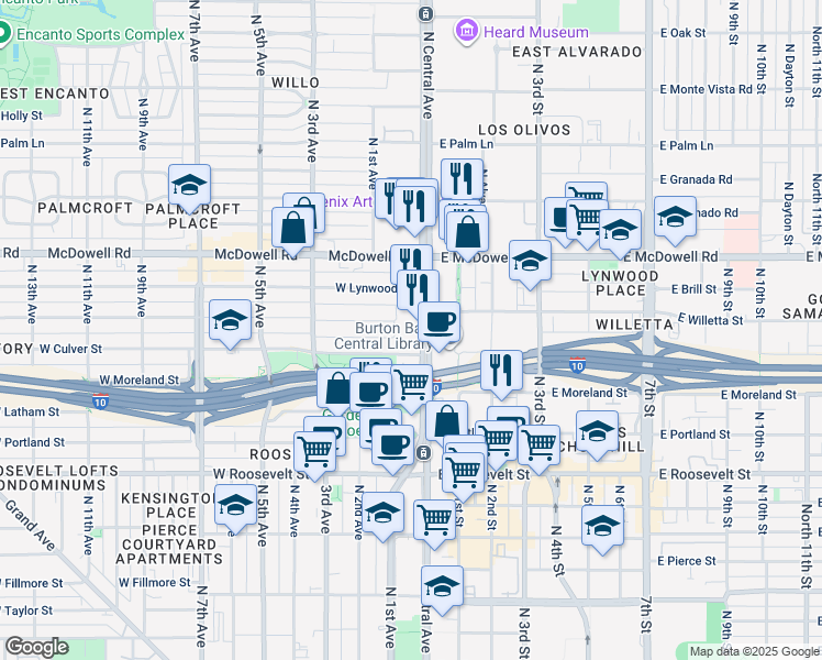map of restaurants, bars, coffee shops, grocery stores, and more near 1326 North Central Avenue in Phoenix