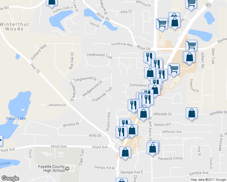 map of restaurants, bars, coffee shops, grocery stores, and more near 175 Creekside Trail in Fayetteville