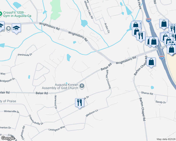 map of restaurants, bars, coffee shops, grocery stores, and more near 2816 Culverton Way in Augusta