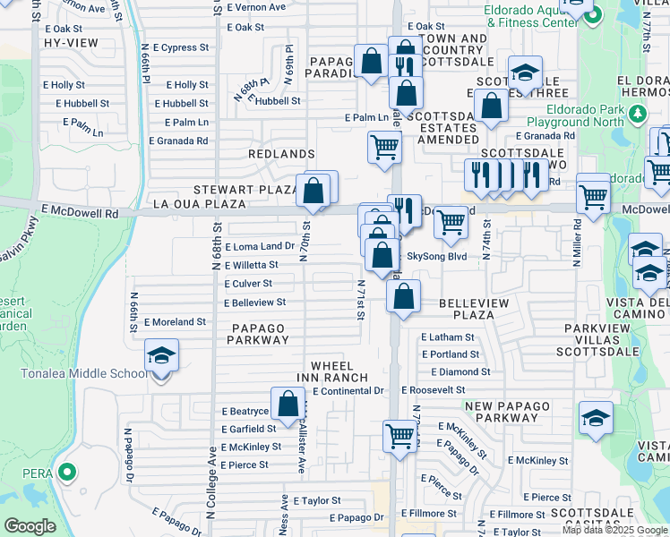 map of restaurants, bars, coffee shops, grocery stores, and more near 7049 East Willetta Street in Scottsdale